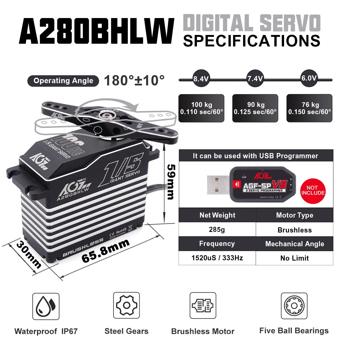 AGFRC Brushless 100KG (1390 oz) Billet Servo - A280BHLW